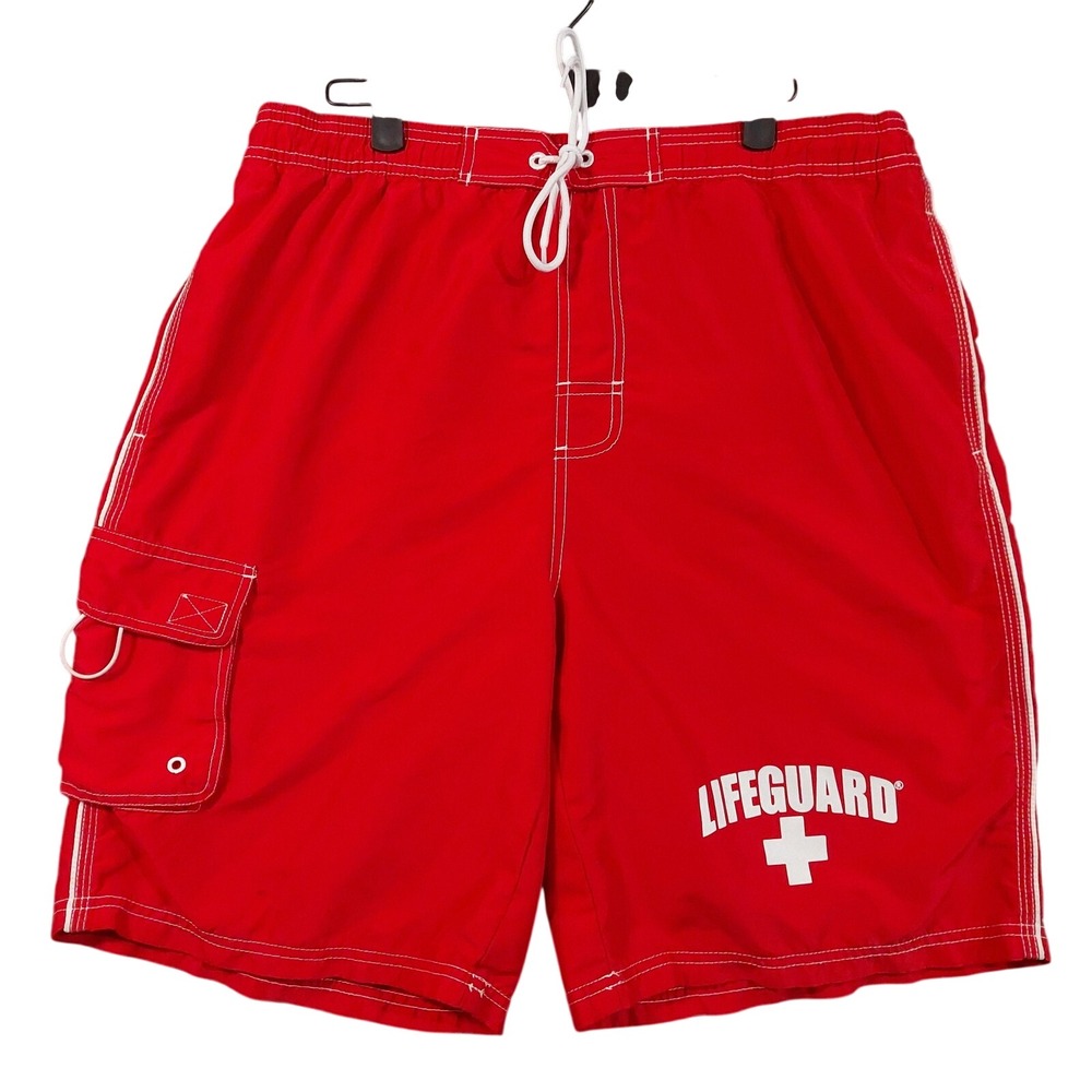 Lifeguard Cargo Shorts Mens 32 Red Polyester Swim Trunks Quick Dry Beach